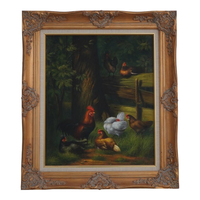 Chickens in the Field Artist Signed Oil Painting on Canvas For Sale