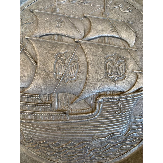 Metal Mid-Century German Pewter Sailing Ship Wall Plate With Heraldic Eagles For Sale - Image 7 of 8