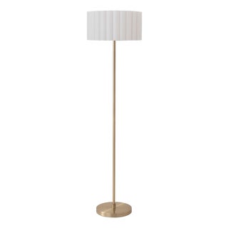 Slimline Floor Lamp, Modern Weathered Brass Steel, White Linen Drum Shade, 61" Tall, Body Dimmer For Sale