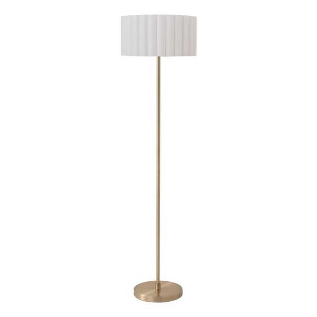 Slimline Floor Lamp, Modern Weathered Brass Steel, White Linen Drum Shade, 61" Tall, Body Dimmer For Sale