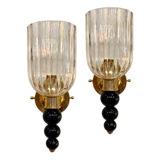 Brass and Glass Murano Wall Sconces, 1990, Set of 2 For Sale