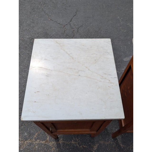 French Antique French Oak White Marble Top Bedside Cabinets - A Pair For Sale - Image 3 of 12