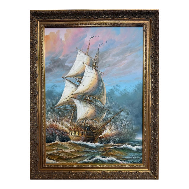 Late 20th Century Original Oil Painting Tall Ship at Sea by J. Harvey Framed Maritime Seascape For Sale