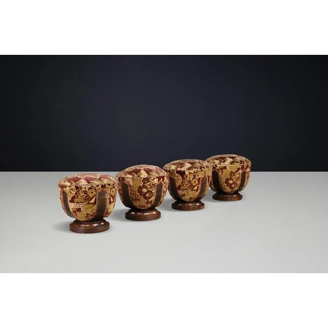 Vintage Italian Art Deco Walnut and Velvet Poufs, 1930s, Set of 4 For Sale - Image 3 of 18