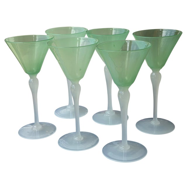 1910s 1910s Stevens & Williams Green & White Opaline Glass Cocktail Wine Stems - Set of 6 For Sale - Image 5 of 5