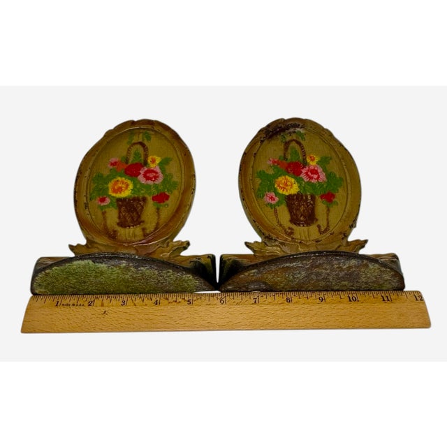 1920’s Cast Iron Bookends Handpainted Enamel Finish Oval Shape Basket Filled With Flowers Motif - A Pair For Sale - Image 10 of 12