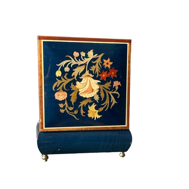 1970s 1970s Vintage Dark Blue Italian Wood Inlay Musical Box For Sale - Image 5 of 9