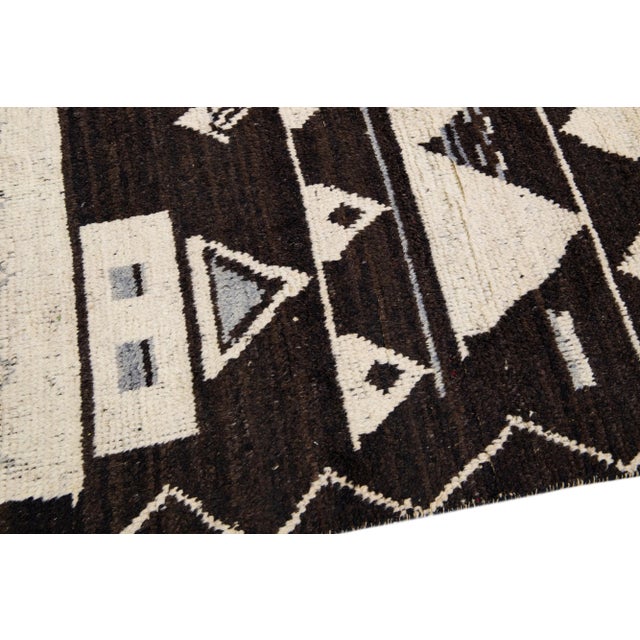 Modern Moroccan Style Brown Handmade Tribal Motif Oversize Wool Rug For Sale - Image 9 of 11