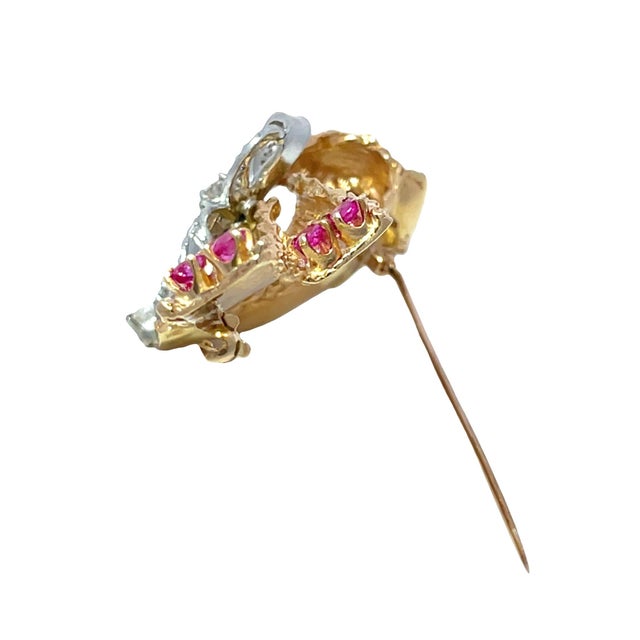 Metal Retro 14k Yellow Gold & Platinum Diamond Ruby Floral Ribbon Bow Brooch For Sale - Image 7 of 11