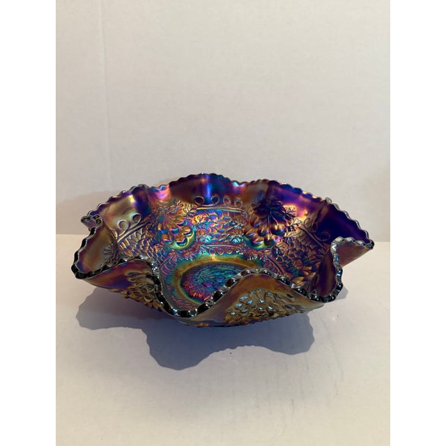 Fenton Cobalt Blue Marigold Carnival Glass Cherry Chain Scalloped Bowl For Sale - Image 11 of 11