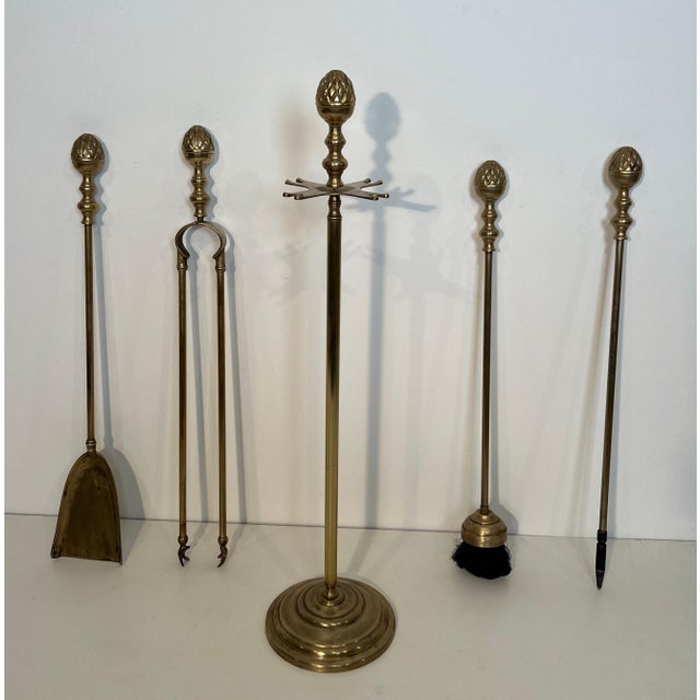 Brass Neoclassical brass pineapple fireplace tools in the style of Maison Baguès For Sale - Image 8 of 12