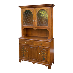 Vintage L Hitchcock Rustic Country Farmhouse Stenciled Maple Two Piece China Cabinet