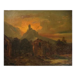 Antique 18th Century French Romanticist Landscape With Castle and Figures, Signed (Oil on Canvas)