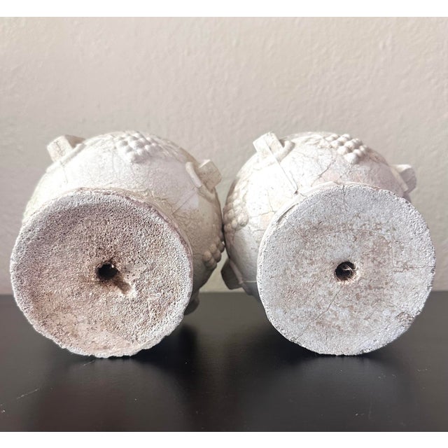 Vintage Concrete Pedestal Urn Planters – Greek Key Grapevine Garden Jardinières - A Pair For Sale - Image 9 of 12