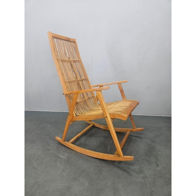 Brown Midcentury Wood and Rattan Rocking Chair, Denmark, 1960s For Sale - Image 8 of 12