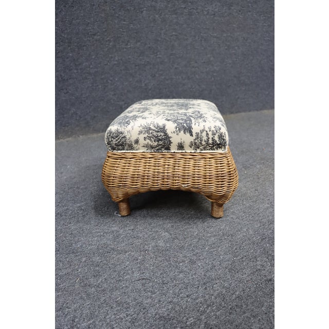 Wicker Ottoman With Toile Upholstered Cushion For Sale - Image 4 of 8