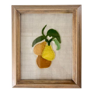 Embroidered Trio of Pears Fabric Art Wall Hanging For Sale