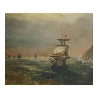 Antique 19th Century Continental Seascape With Clipper Ship, Framed (Oil on Board) For Sale
