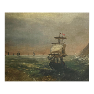 Antique 19th Century Continental Seascape With Clipper Ship, Framed (Oil on Board)