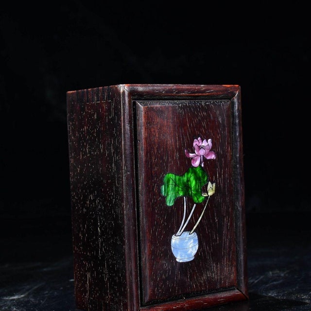 Brown Vintage Chinese Zitan Wood Sliding Lid Box With Mother of Pearl Lotus Inlay For Sale - Image 8 of 9