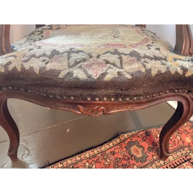 Antique 19th Century French Louis XV Needlepoint Bergere, Fauteuil Chair With Bird and Dog Motif and Velvet Back For Sale - Image 9 of 10