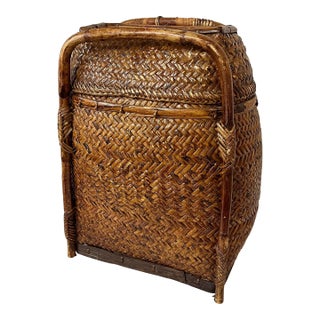 Vintage Japanese Tall Basket With Carrying Handles Attributed to Takashimaya, Chinoiserie, Academia Styles For Sale
