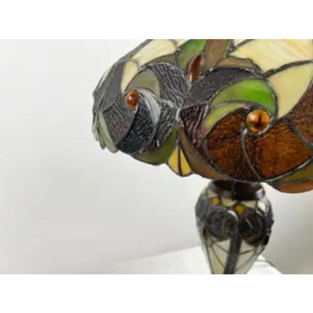 Art Nouveau Tiffany Style Brown & Green Stained Glass Table Lamp, a Pair For Sale - Image 9 of 12
