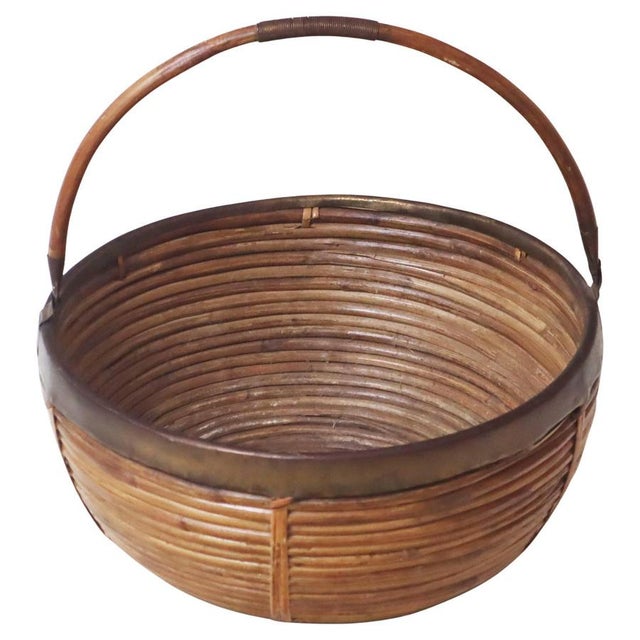 Large Italian Basket in Brass and Rattan, 1960s For Sale - Image 13 of 13
