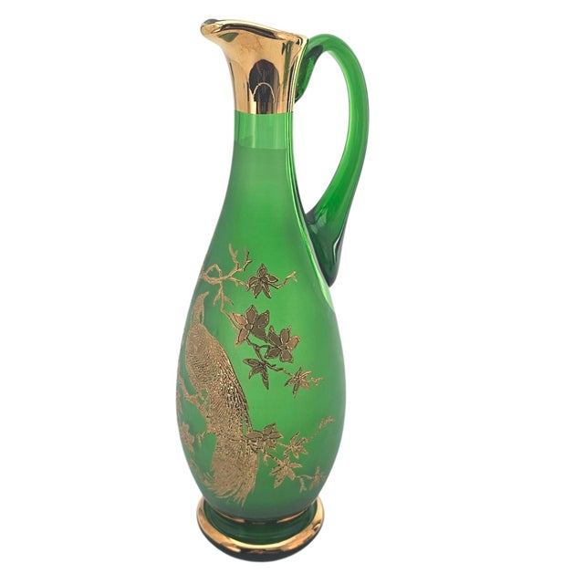 Mid-Century Frosted Emerald Glass Decanter Set With Gilt Pheasant Motif, 15" For Sale - Image 9 of 16