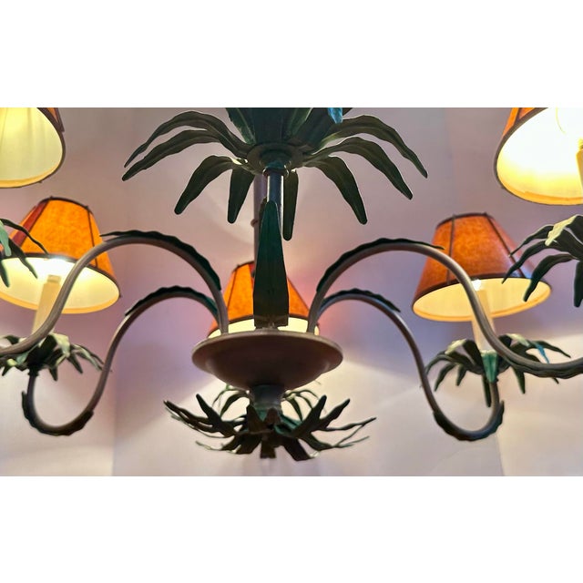 Chestnut Late 20th Century Palm Beach Regency 6-Light Tole Palm Tree Chandelier With Shades For Sale - Image 8 of 10