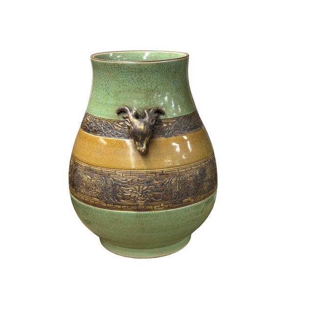 Orient Crackle Green Dragon Motif Ram Heads Artistic Pottery Ceramic Vase For Sale - Image 4 of 15