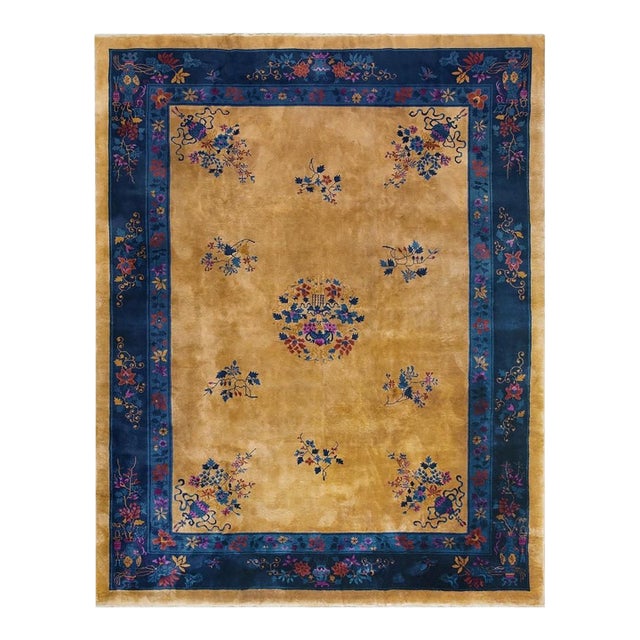 1920s Camel Floral Modern Antique Chinese Art Deco Knotted Wool Rug 9' X 11'8" For Sale