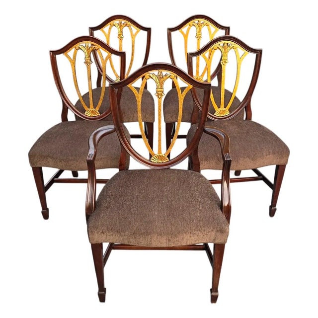 English Regency Revival Mahogany and Gilt Shield-Back Dining Chairs, Set of Five, Circa 1930 For Sale - Image 10 of 18