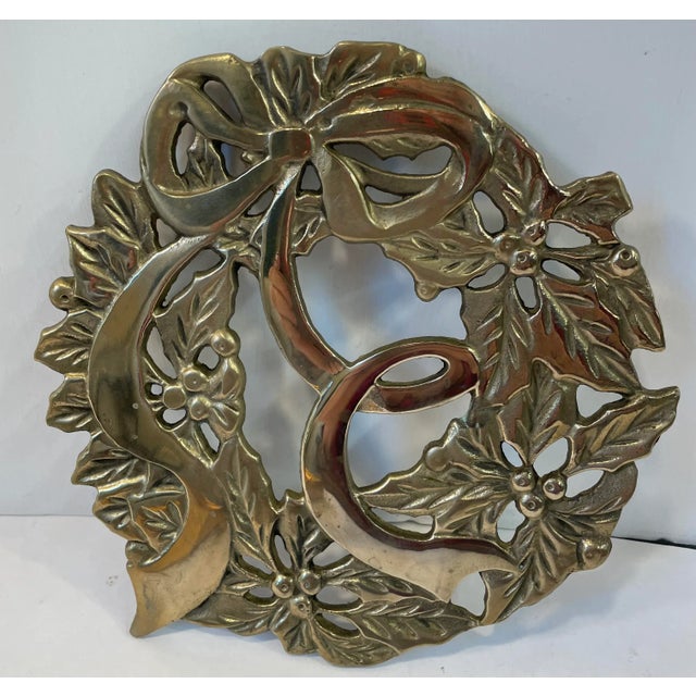 Vintage Brass Holiday Holly and Bows Trivet For Sale - Image 4 of 5