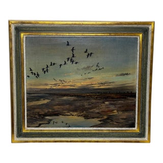 Oil Painting Brent Geese Flying Over Marsh the Fens South Holland Lincolnshire by Hugh Monahan C1954 For Sale