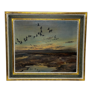 Oil Painting Brent Geese Flying Over Marsh the Fens South Holland Lincolnshire by Hugh Monahan C1954