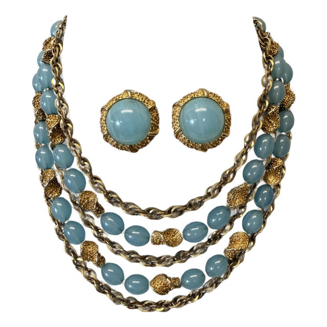 Trifari 4 Strand Etruscan Alfred Philippe Aqua Lucite Necklace Earrings Set For Sale