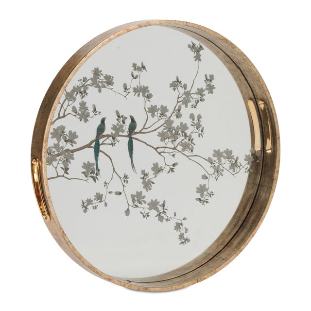 Kenneth Ludwig Chicago Bird and Floral Etched Mirror Tray (Set of 2) For Sale - Image 4 of 5