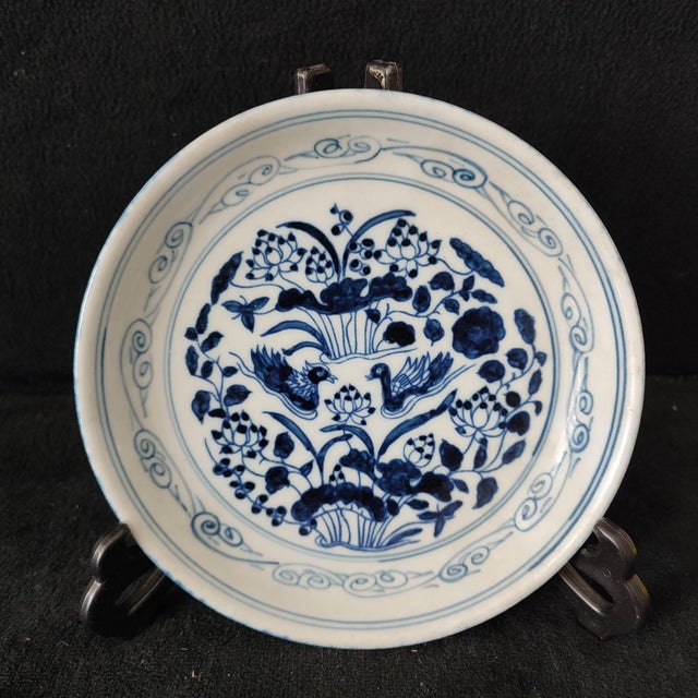 Chinese Ceramic Plate,Guangxu Marked Blue and White Porcelain Plate Hand Painted Mandarin Ducks Pattern For Sale - Image 4 of 11