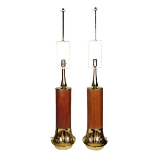 Mid-Century Modern American Teak and Gold Table Lamps by Laurel, 1960s, Set of 2 For Sale