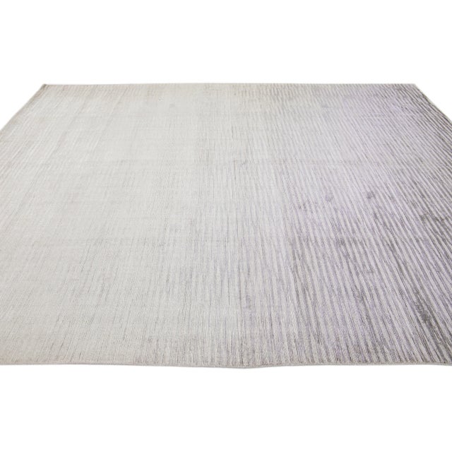 2010s 2010s Contemporary Handmade Wool & Silk Rug With Silver Gray Stripe Motif For Sale - Image 5 of 7