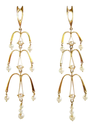 Ed Wiener Gold Pearl Kinetic American Modernist Chandelier Earrings