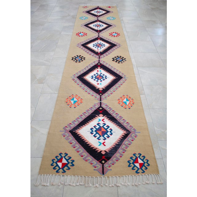 Sand Hand Woven Silk Runner Rug. Extra Long Hallway Decor. Turkish Silk Kilim. Luxury Kitchen Decor - New - 3′1″ X 14′1″ For Sale - Image 8 of 14