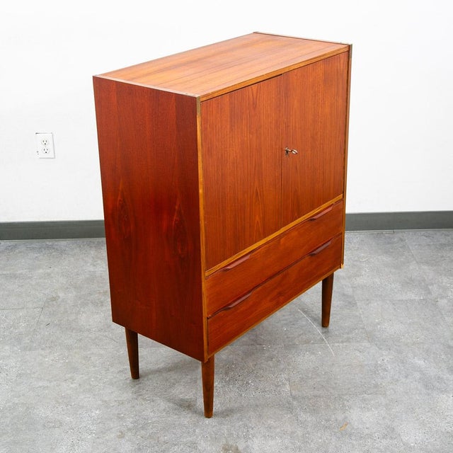 Mid Century Danish Cabinet Highboy Brass Teak Denmark Drawer Sliding Doors Shelf For Sale In Sacramento - Image 6 of 12