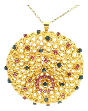 Vintage 14k Gold Filigree Pendant-Brooch With Sapphires & Rubies, 22.10 Grams