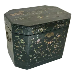 Large Antique Chinese Laquer Tea Caddy Box With Mother-Of-Pearl Inlay