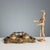 Double bronze inkwell chiseled with leafy scrolls and a mascaron on the front. Base and vial holder in pink marble. Ink...