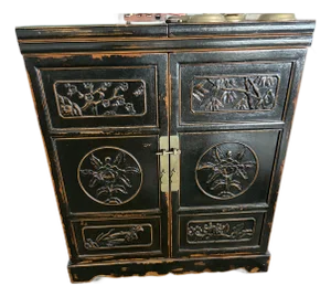 Vintage Chinese Chinoiserie Black Lacquer Wine & Bar Cabinet