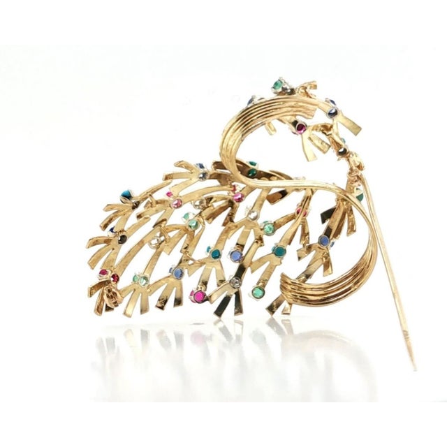 Green Mid 20th Century Diamond Multicolor Gems 18k Yellow Gold Large Floral Bouquet Brooch Pin For Sale - Image 8 of 11
