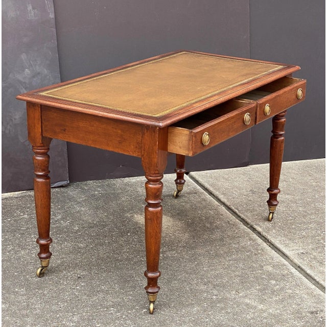 Early 20th Century English Writing Table or Desk of Patinated Oak With Embossed Leather Top For Sale - Image 5 of 12